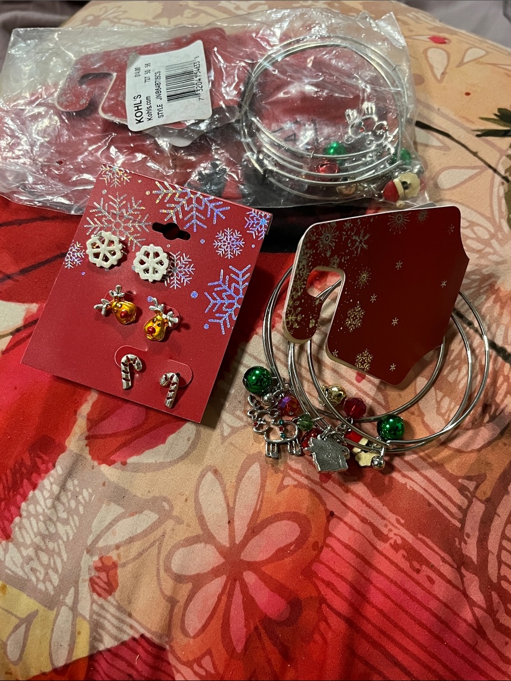 Kohl's Silver Holiday Charm Bangle & Earring Set with Red, Green, Gold Accents